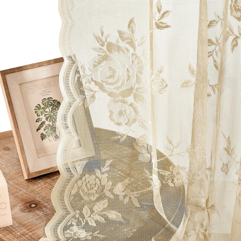 SEEKRIGHT Beige Lace Curtains 90 Inches Long Victorian Floral Sheer Curtains for Living Room Bedroom Decor Drapes Rod Pocket Light Filtering French Window Curtain 2 Panels Set for Dining Room, 52x90 - Image 5